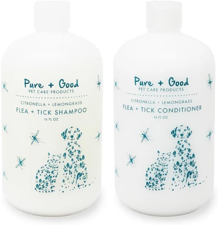 Flea + Tick Shampoo and Conditioner Set, Therapeutic citronella and Lemongrass, Formulated for All Pets, Gentle and Cleansing, Made in The USA, Cruelty Free, 16 fl oz