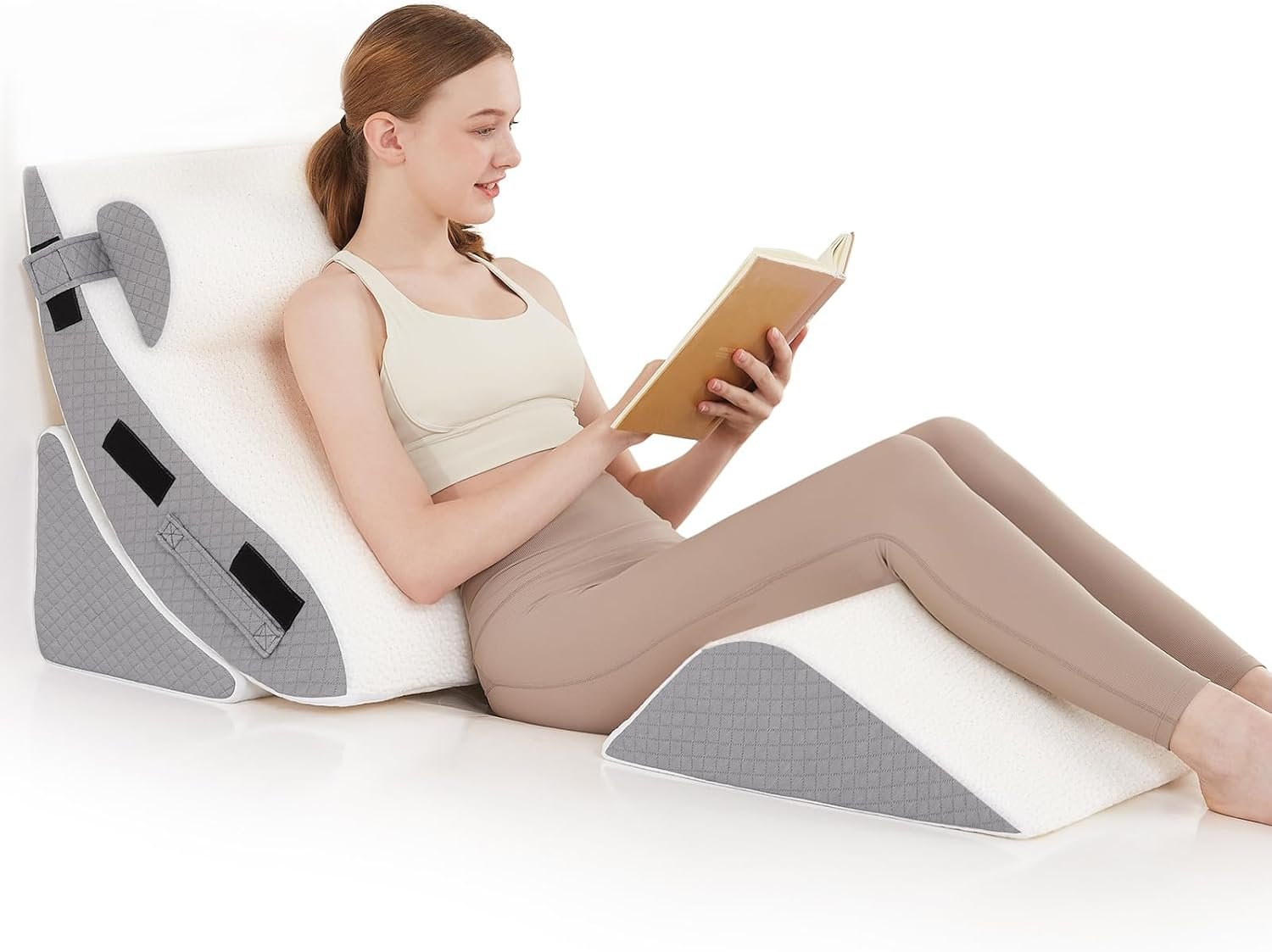 Orthopedic Bed Wedge Pillow Set for Sleeping 4 PCS – Adjustable Triangle Pillow for Neck Leg Support with Washable Cover – 35D Foam Wedge Pillow Post Surgery for GERD & Snoring (White Grey)
