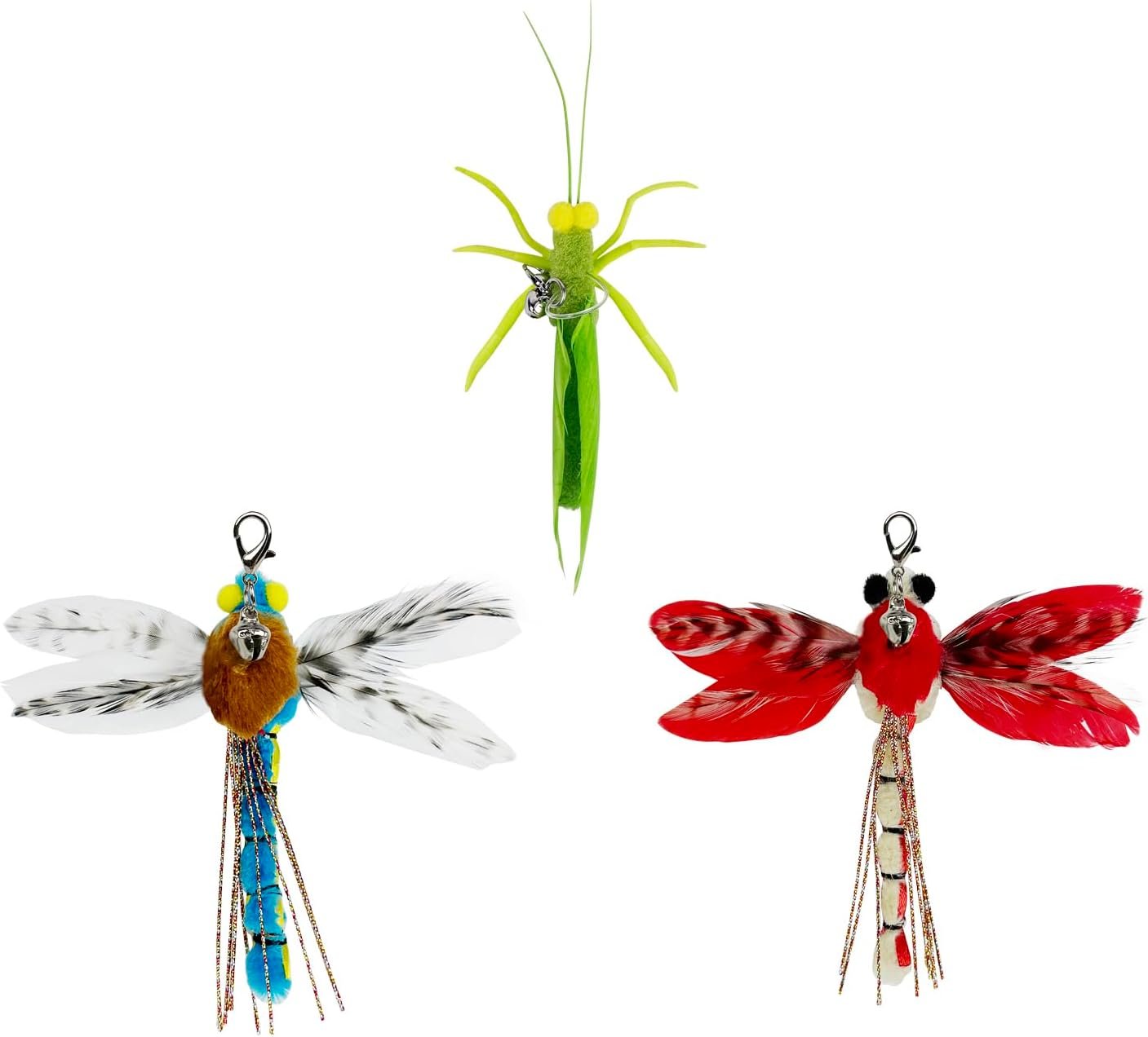 TTcat Cat Feather Toys, 3 Pcs Simulation Insects Dragonfly Grasshopper Refills, Cat Toys Replacement Feathers for Cat Kitten Wand.