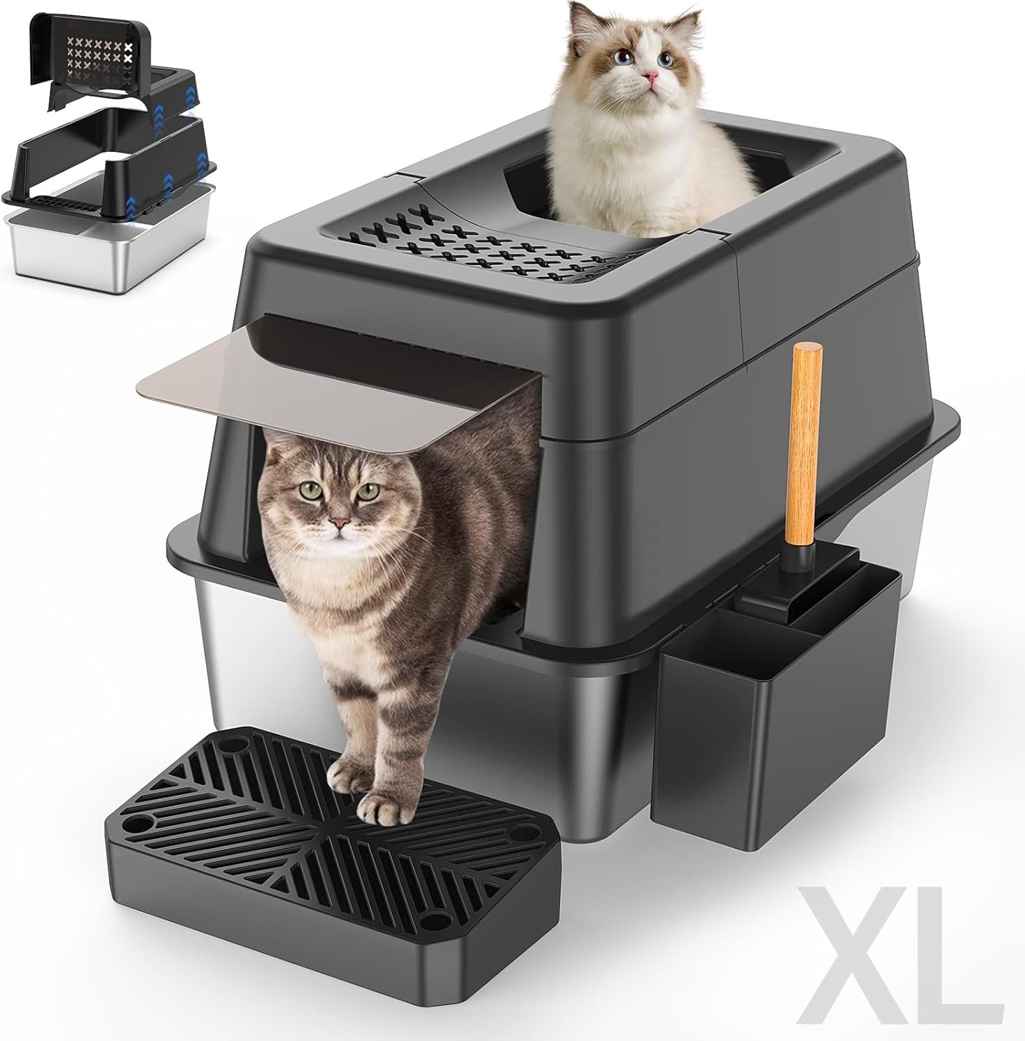 Stainless Steel Litter Box with Lid, XL Extra Large Enclosed Cat Litter Box Fits All Cats Modular Design with Flip Cover, Top Entry Metal High Sided Cat Box & Pedal & Scoop, Anti-Leakage (Black)