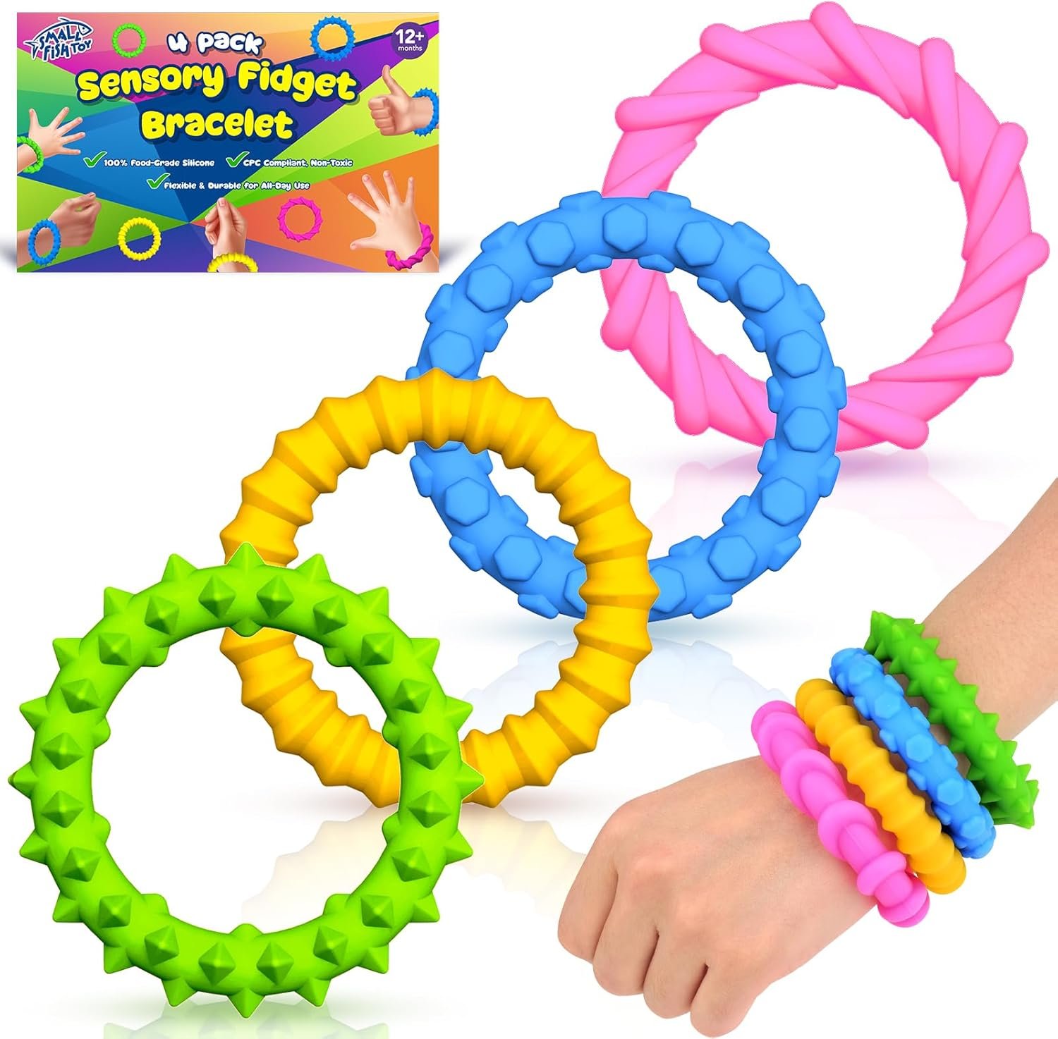 Sensory Fidget Toys Kids Toddlers – 4 Pack Chew Sensory Rubber Bracelet | Calming Autism Quiet Fidgets & Texture Anxiety Silent Toys for Classroom Prizes | Gifts Christmas Stocking Stuffers for Kids