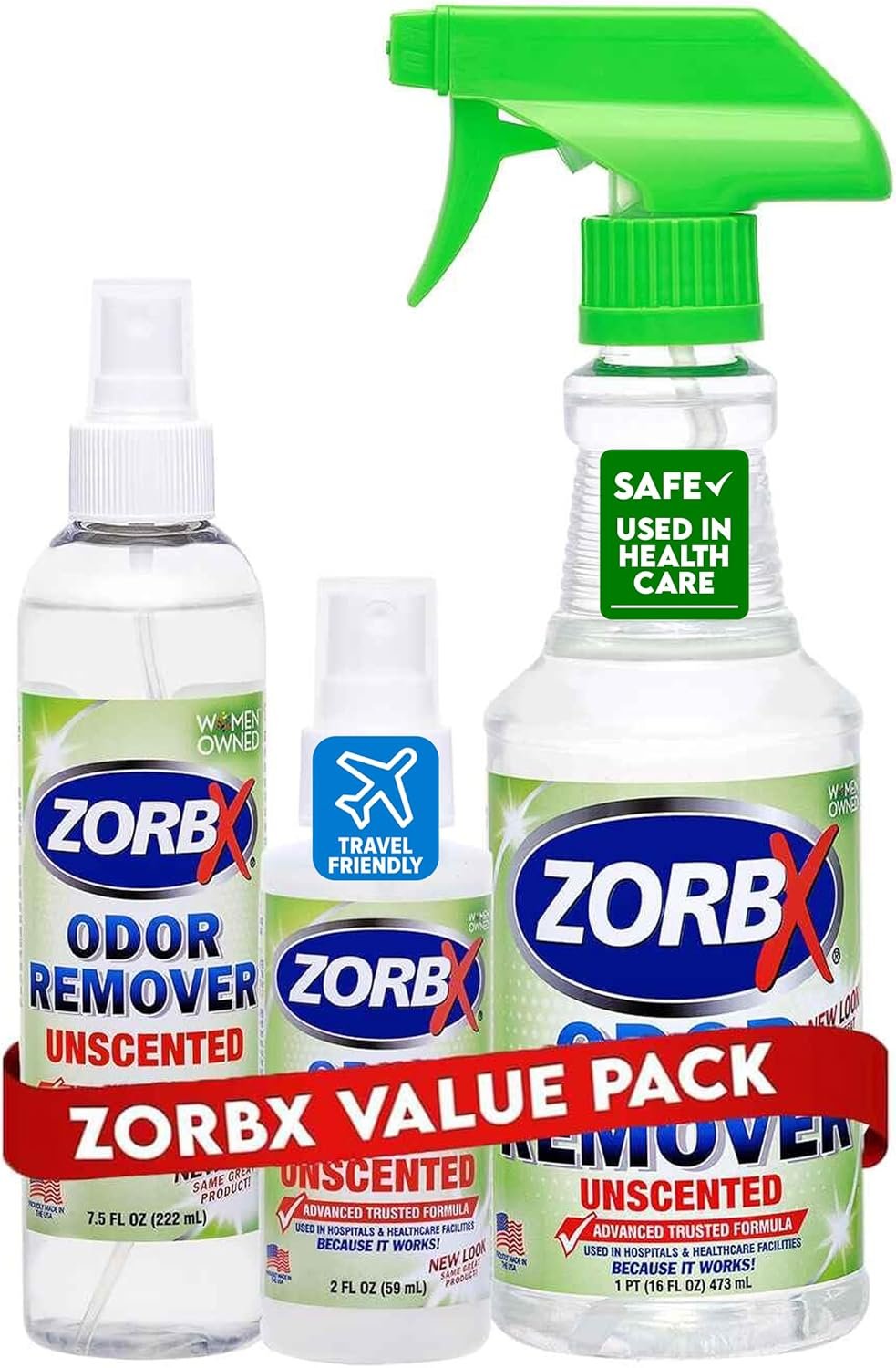 ZORBX Unscented Odor Eliminator for Strong Odor 3 items Bundle: 16 Oz + 7.5 Oz + 2 Oz – Used in Hospitals & Healthcare Facilities – Fast-Acting Odor Remover Spray for Dog, Cat, House & Carpet
