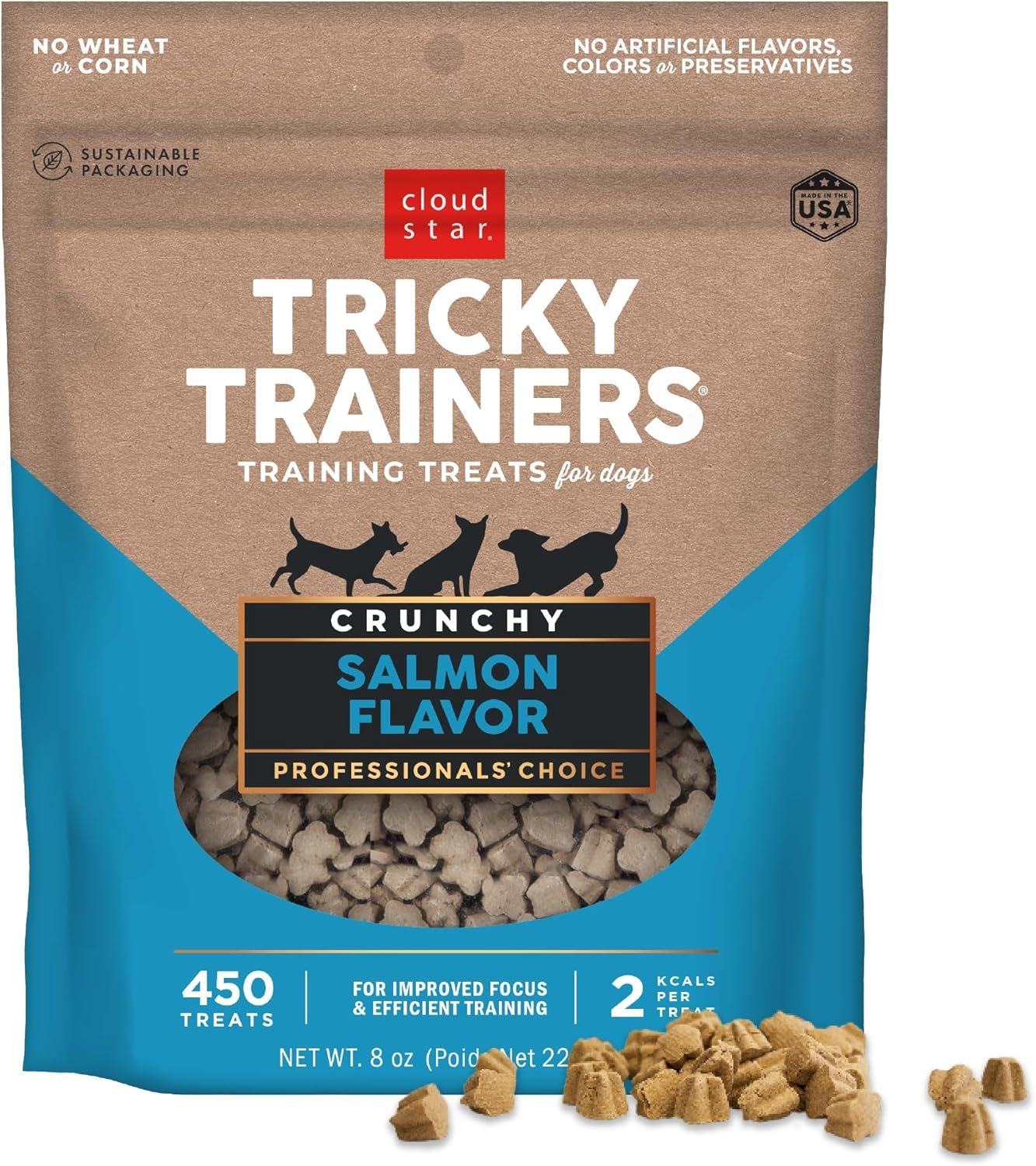 Cloud Star Tricky Trainers Crunchy Dog Training Treats 8 oz. Bag, Salmon Flavor, Low Calorie Behavior Aid with 450 treats