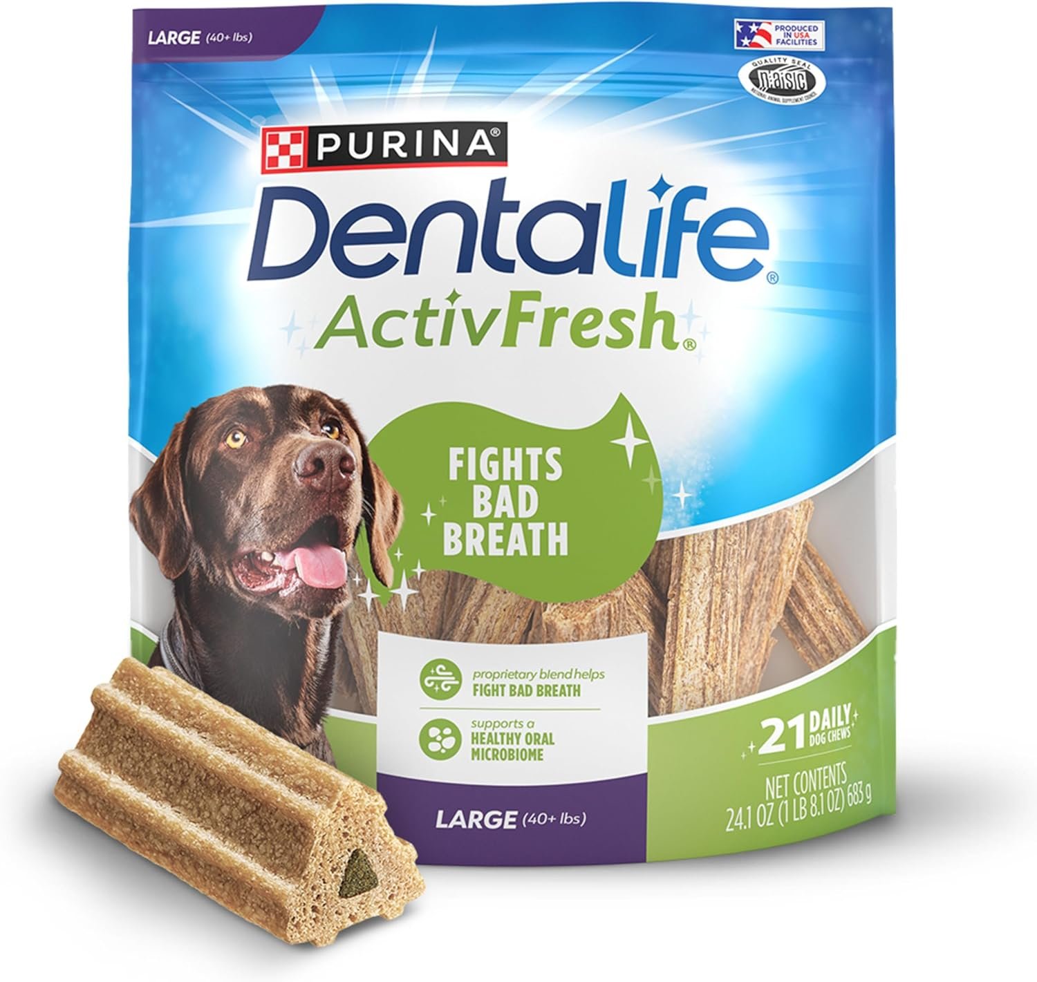 DentaLife ActivFresh Dog Chews for Large Dogs 40 lbs. and up, Dental Chews to Freshen Breath, Chicken Flavor, 24.1 oz., 21 Chews – 21 ct. Pouch