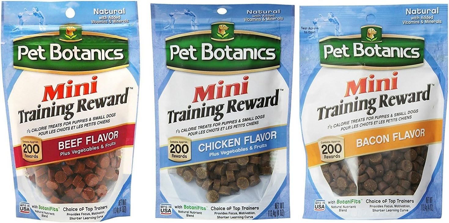 Pet Botanics Mini Training Rewards for Dogs 3 Flavor Variety Bundle: (1) Bacon, (1) Chicken and (1) Beef, 4 Oz Ea (200 Count per Bag, 3 Bags Total)
