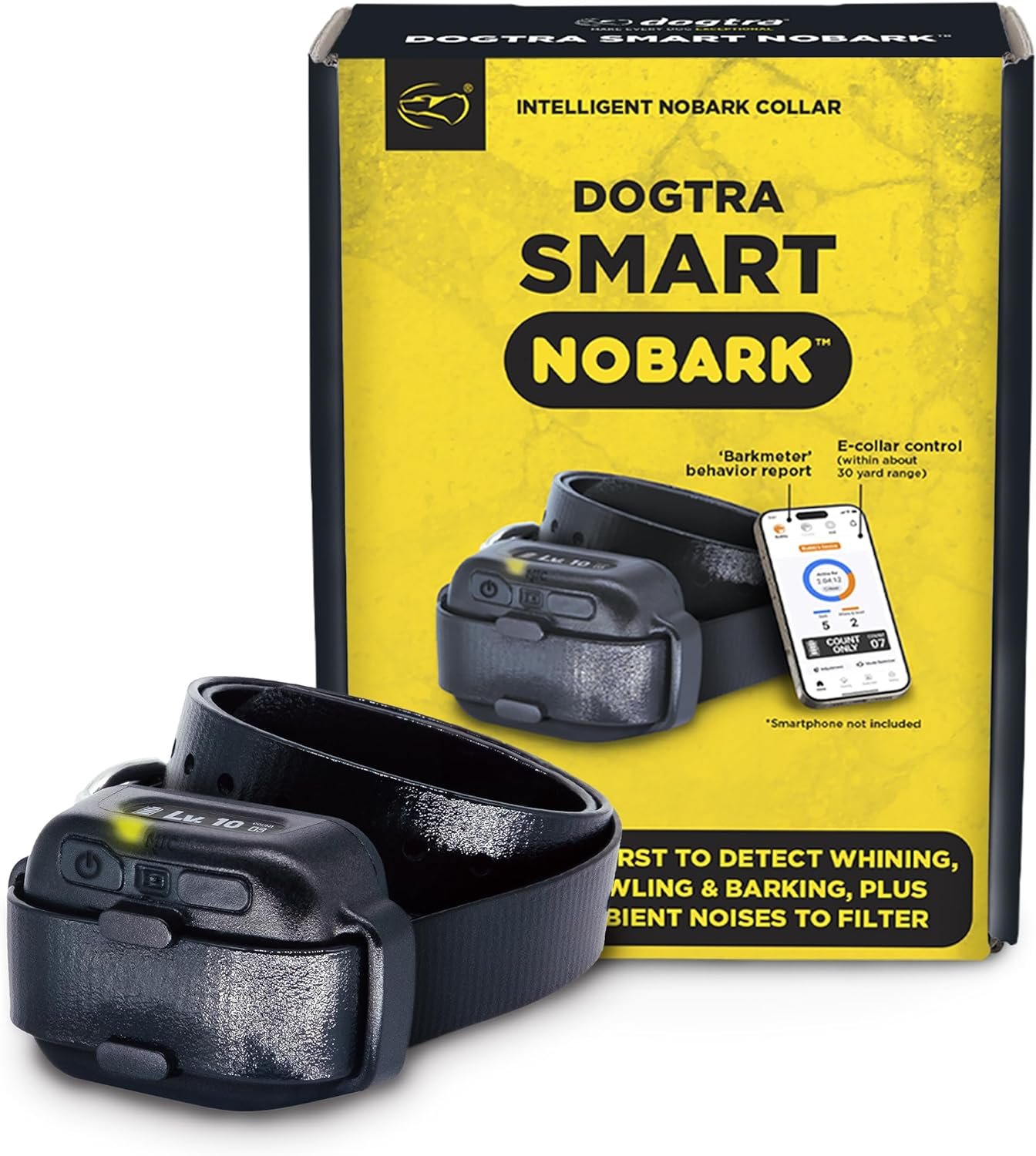 Dogtra Smart NOBARK Detects Whining and Barking, 33 ft Range App for Notifications, E-Collar, Behavior Report, Waterproof IPX9K, Compact Size for 10 lb Dogs, Triple Detection Accuracy