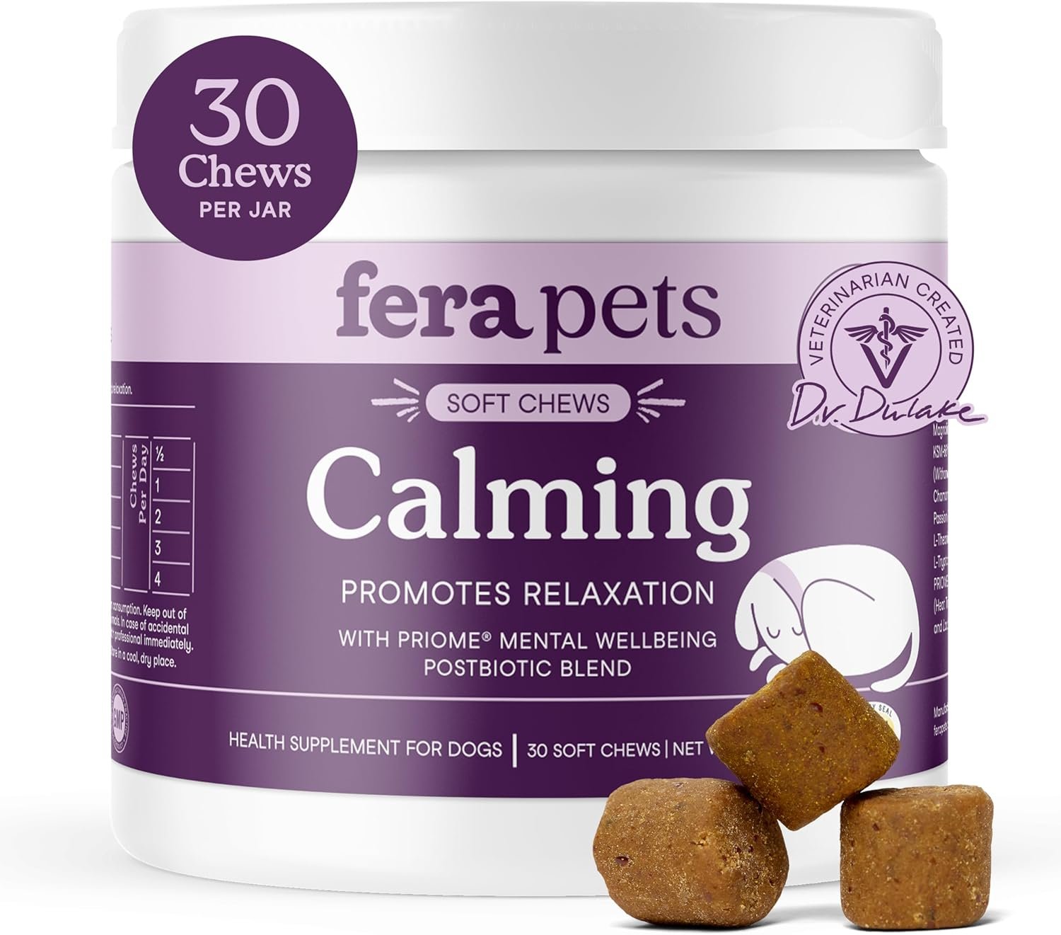 Fera Pets Dog Calming Chews – Anxiety Relief Support – Promotes Relaxation – Ashwagandha & Priome® Mental Wellbeing Postbiotic Blend – 30 Soft Chews