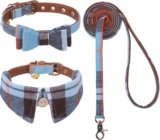 KOOLTAIL Small Boy Dog Collar and Leash Set with Bowtie and Bells – Male Puppy Collar and Leash with Classic Plaid Matching Pattern, Soft Leather Leashes for Small Dogs Boys,Shirt Collar Plaid